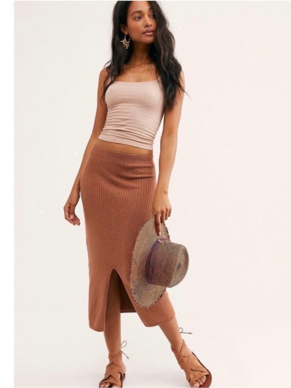 Free People Skyline Rib-knit Midi Skirt Tan Brown Front Slit Size Large